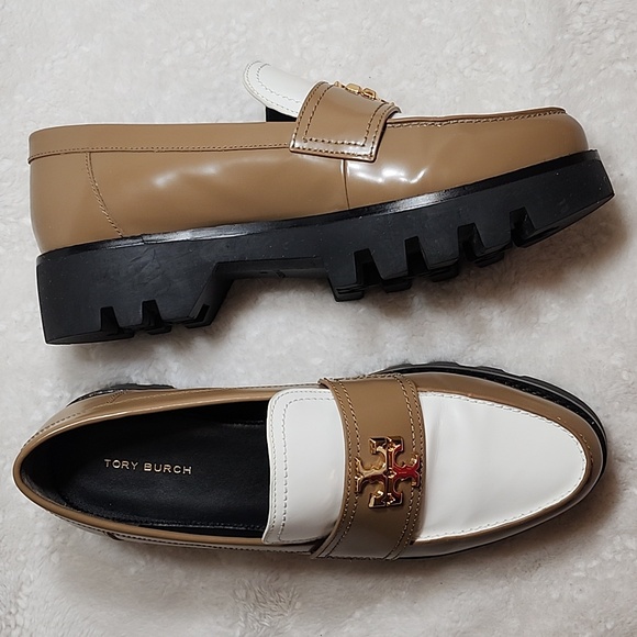 Tory Burch Mini Everly Chunky Loafers  white and brown colorblock gold hardware - Picture 15 of 16
